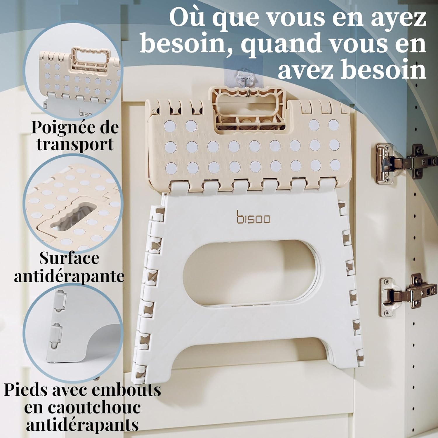 Bisoo - Tabouret pliant enfant, 22 cm, plastique, portable, crème