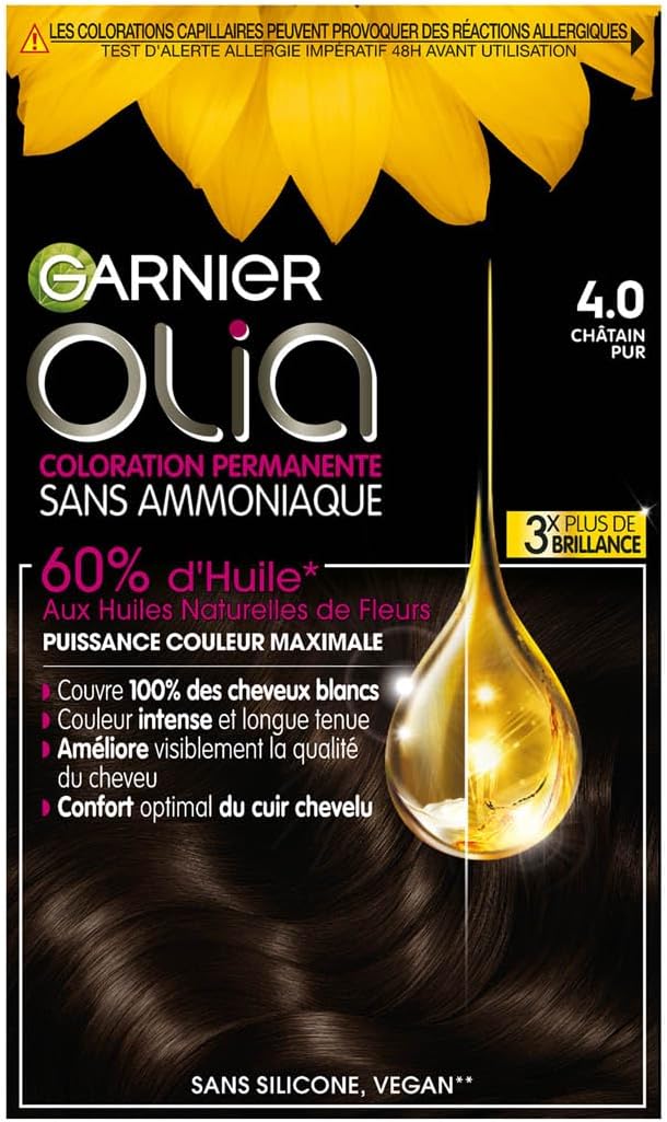 Garnier - Olia - coloration permanente, sans ammoniaque, huiles de fleurs, châtain pur 4.0