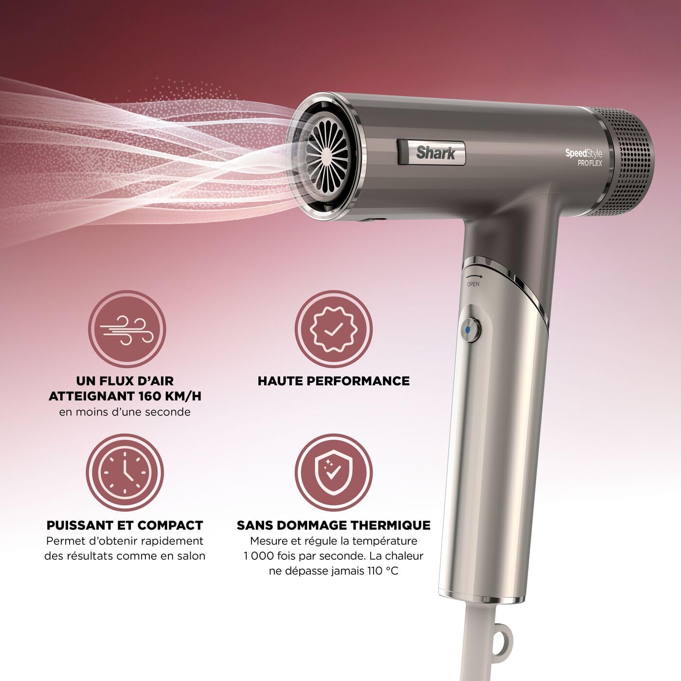 Shark - sèche-cheveux SpeedStyle Pro Flex, léger, ionique, pliable, 4 embouts, tous types de cheveux, HD542EU