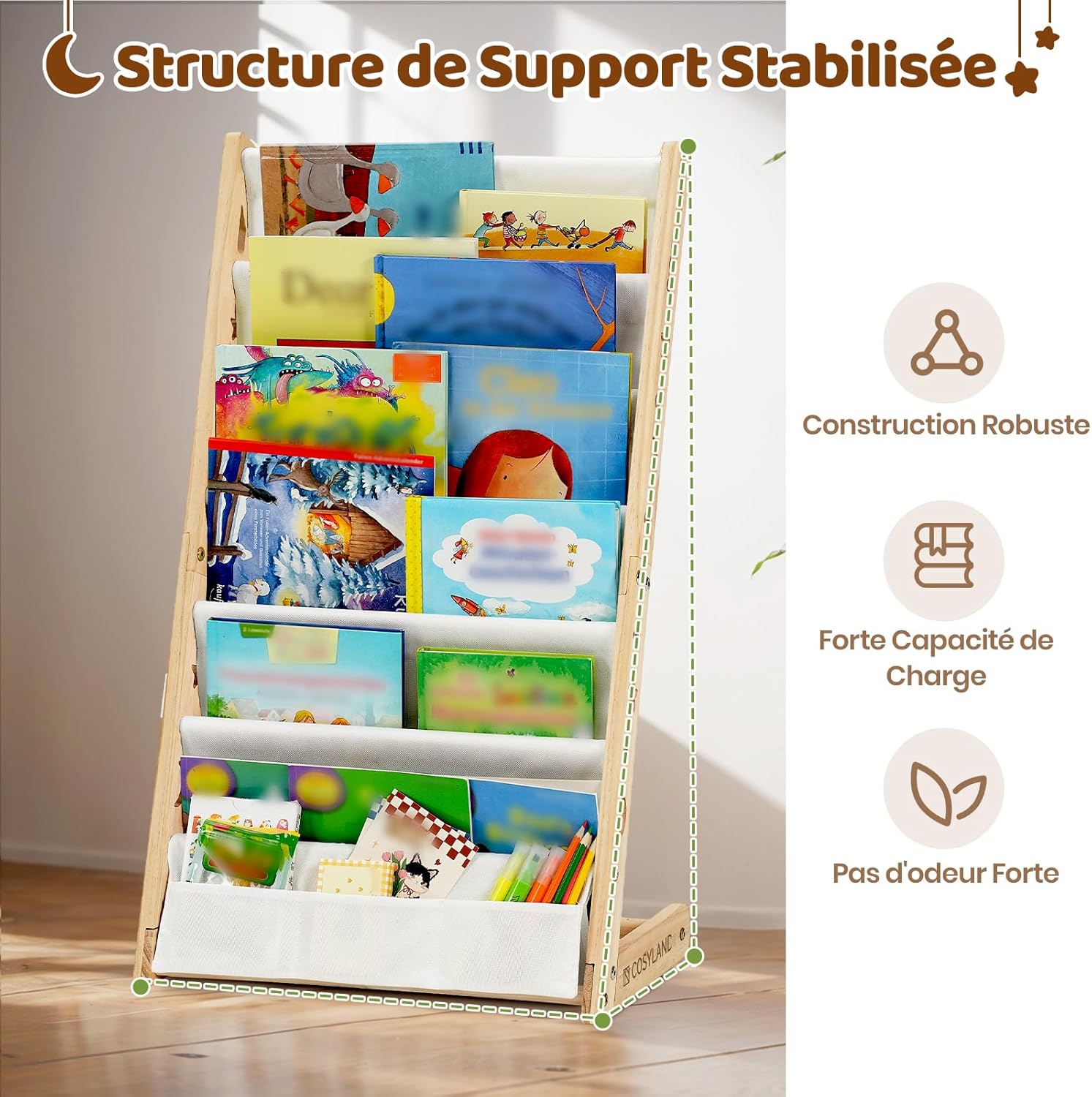 COSYLAND - Bibliothèque enfant 7 niveaux 42,5cm bois massif, stable