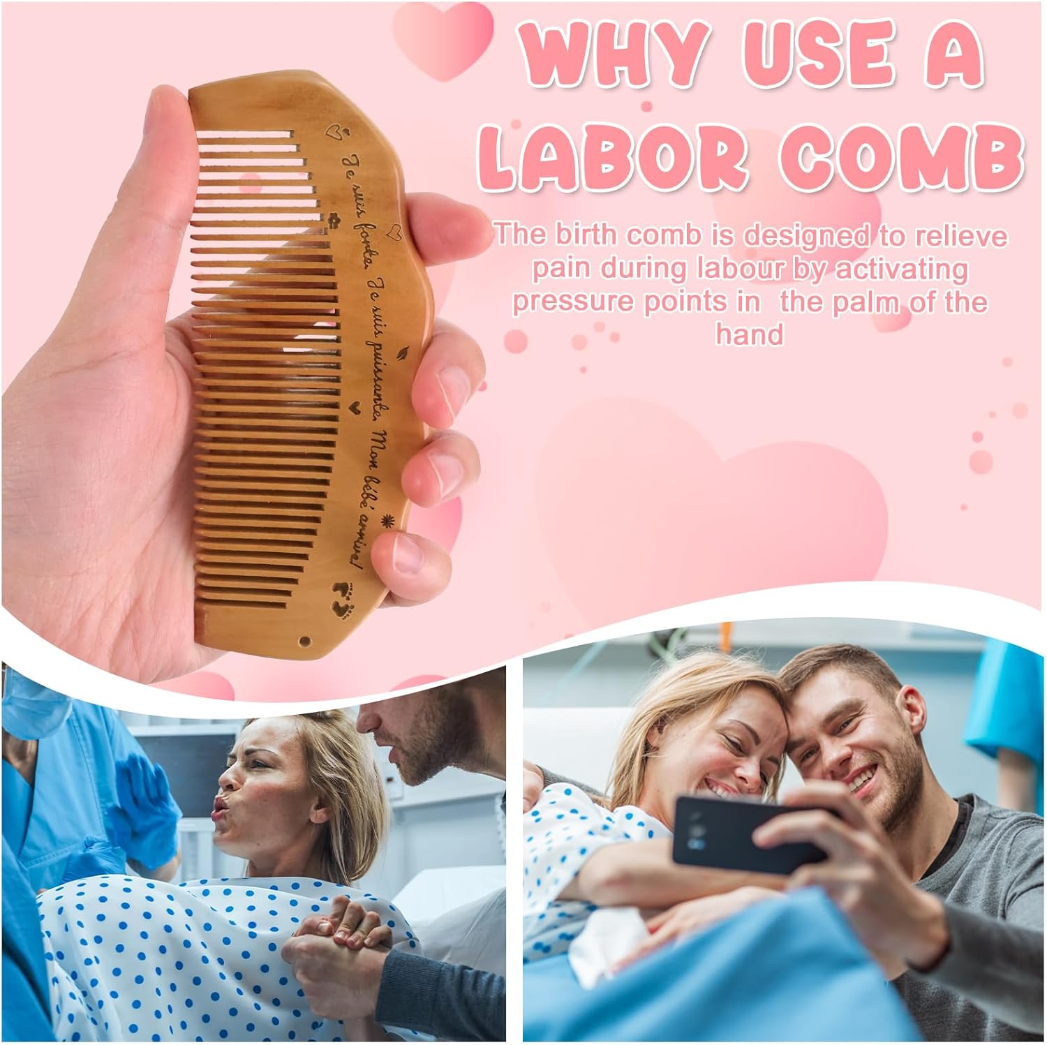 Peigne accouchement bois - cadeau grossesse - ergonomique - post-partum