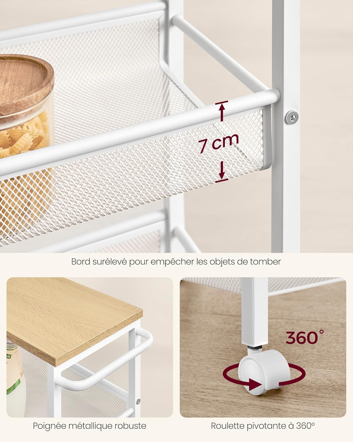 VASAGLE - étagère cuisine 4 niveaux - 22x45,4x77 cm - acier, roulettes, poignée, LRC033W09