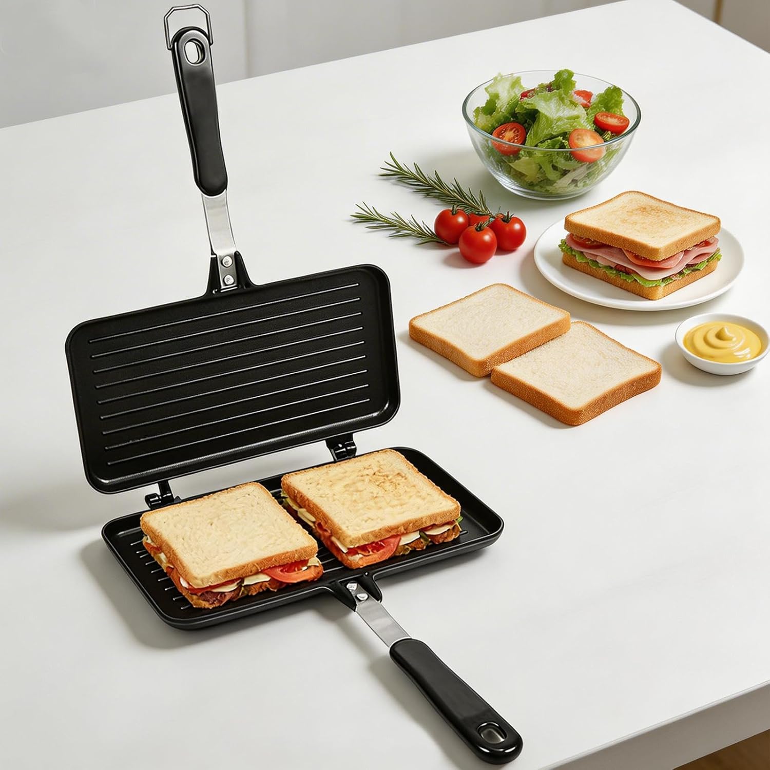 Appareil à croque-monsieur double face aluminium antiadhésif 22x15cm, parfait pour sandwichs, gaufres, toasts, cuisine c