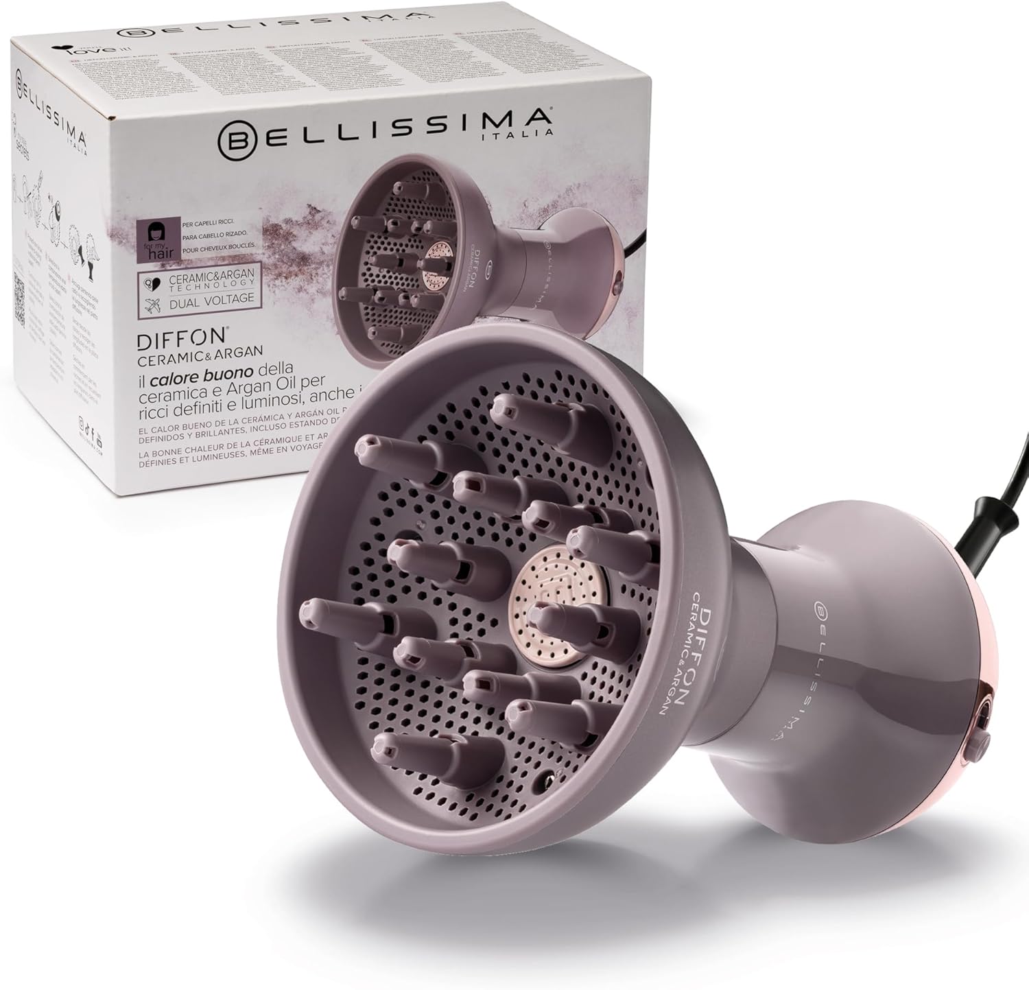 Belissima – Diffuseur Sèche-cheveux Pro – Gris Rose – Boucles, chaleur homogène, séchage rapide