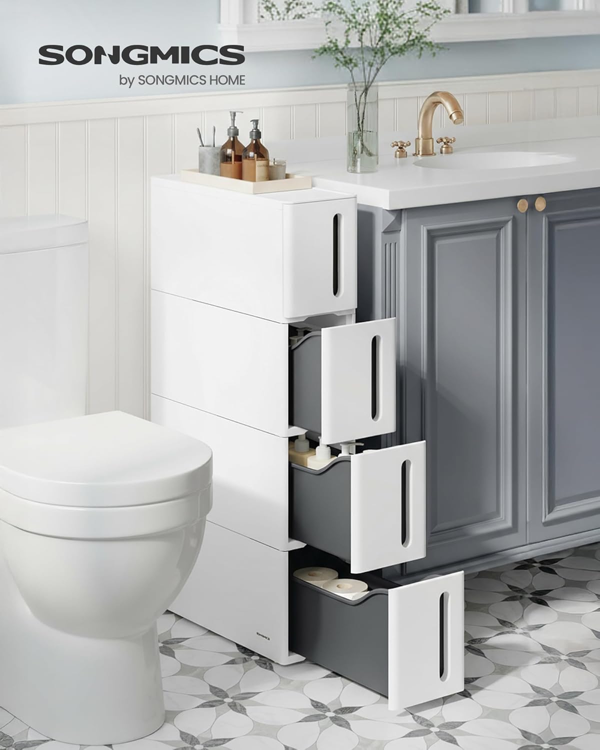 SONGMICS - Chariot Roulant Fin - 45,2x17,3x84cm - 4 tiroirs, PP blanc/gris, KFR008G01