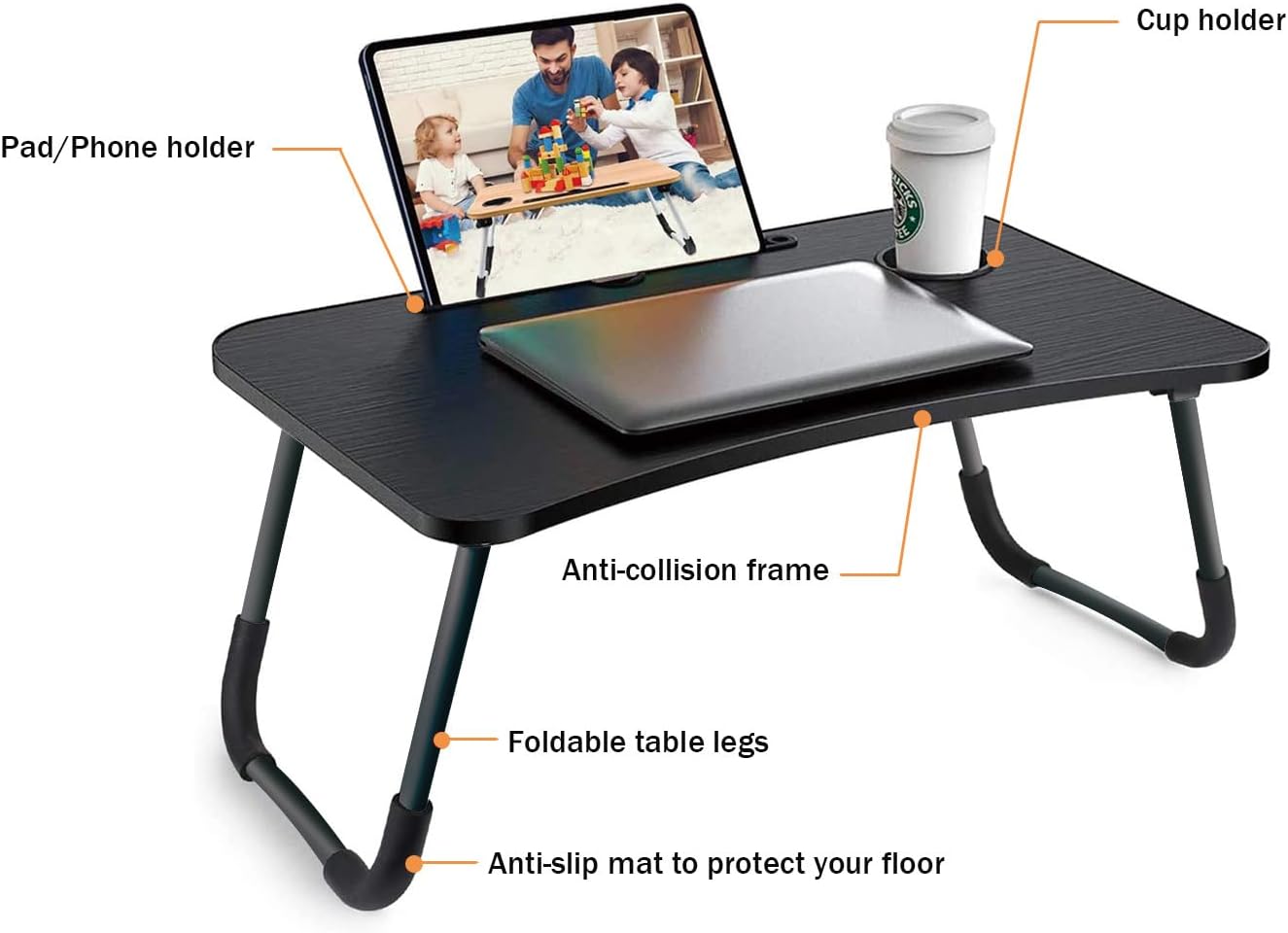 Table de lit - 60x40x28 cm - pliable, réglable, portable, noir