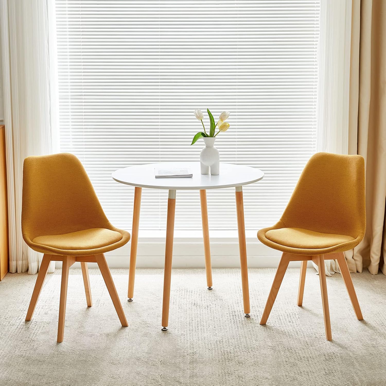 EGGREE - chaise scandinave lot de 4 - tissu/lin jaune - bois hêtre, rembourrée, testée SGS