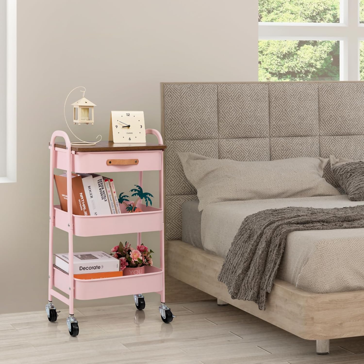 DOEWORKS - chariot 3 niveaux métal rose, tiroir, compact, cuisine, chambre