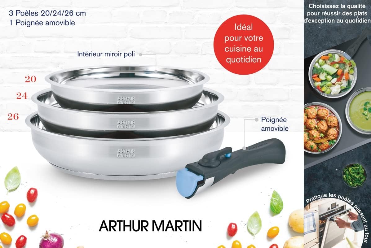 Arthur Martin - Set 3 poêles inox - poignées amovibles induction AM2208
