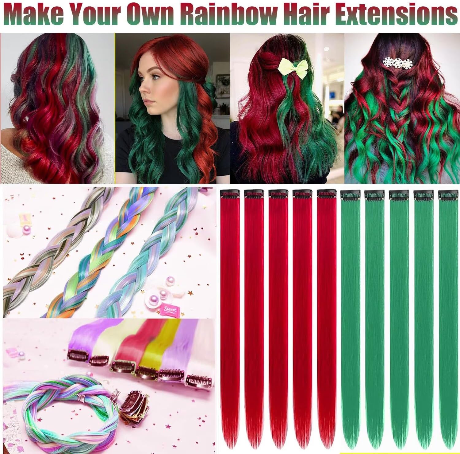 Extension cheveux - 12 pièces, 55cm - mèches rouge/vert herbe à clip, résistantes à la chaleur