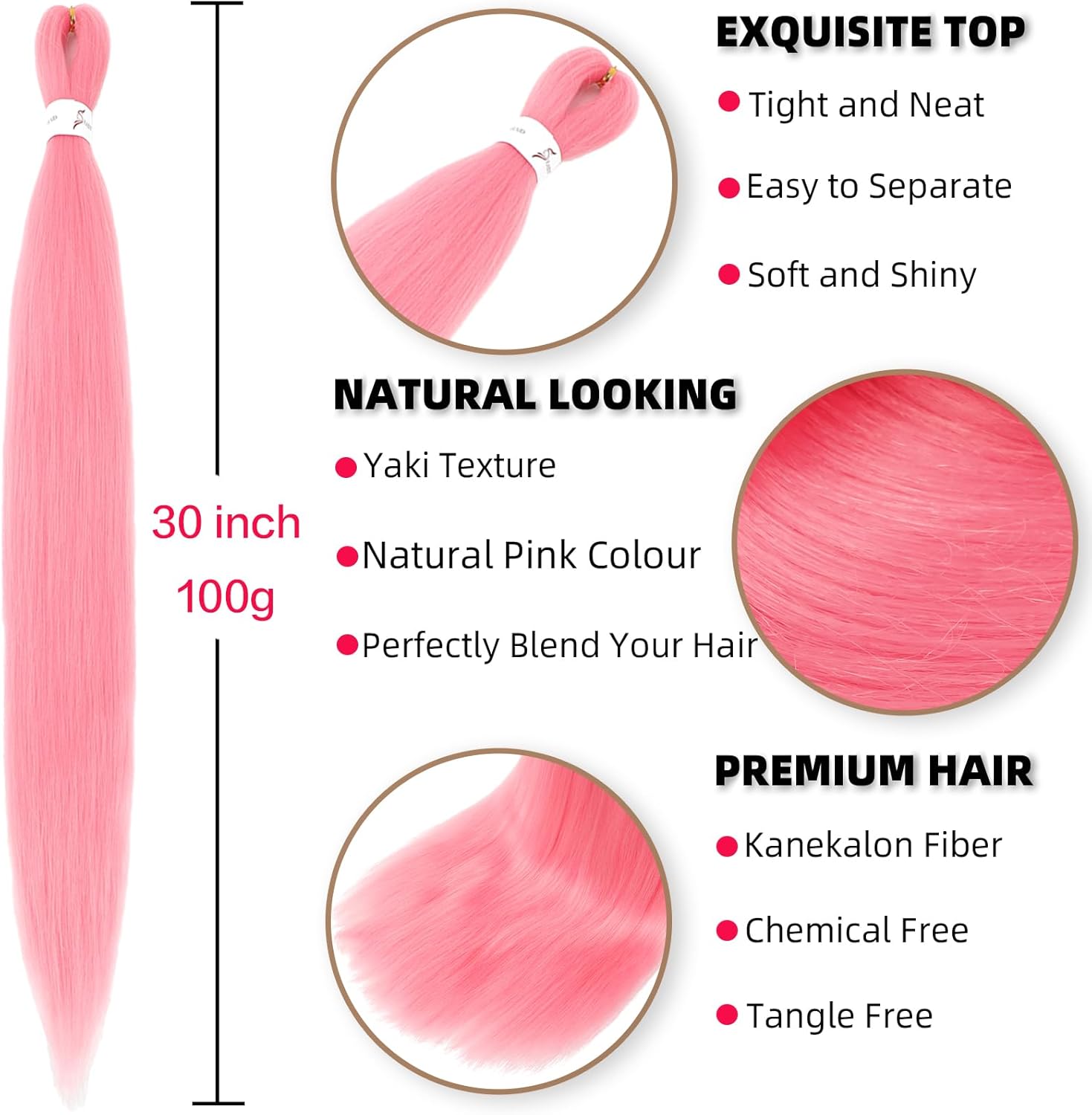 Rajout cheveux tressés pré-étirés 30 pouces rose Kanekalon, lisse, 6 paquets, synthétique, Yaki, EZ Braids