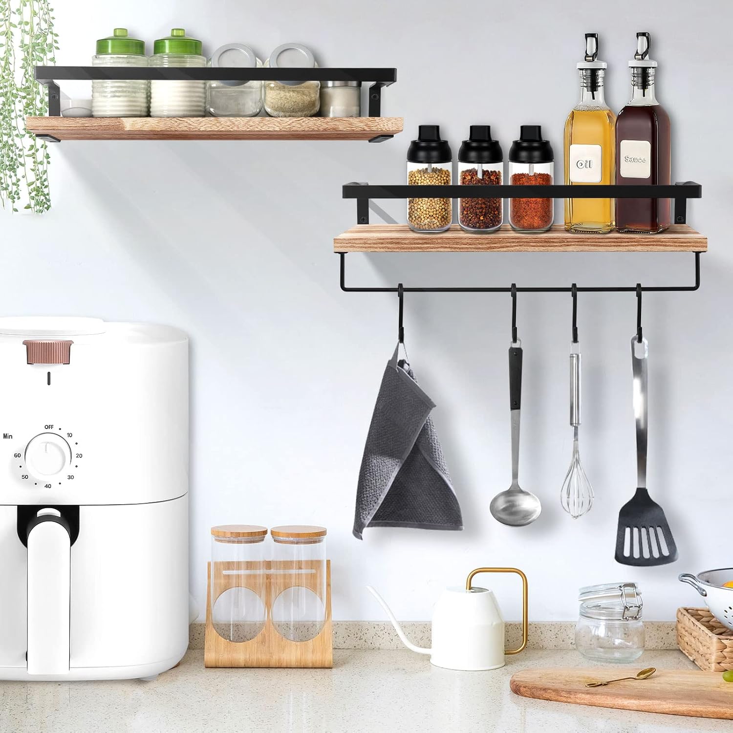 AGM - étagère murale lot de 2 - bois, 40x15cm, 15kg, crochets et porte-serviettes