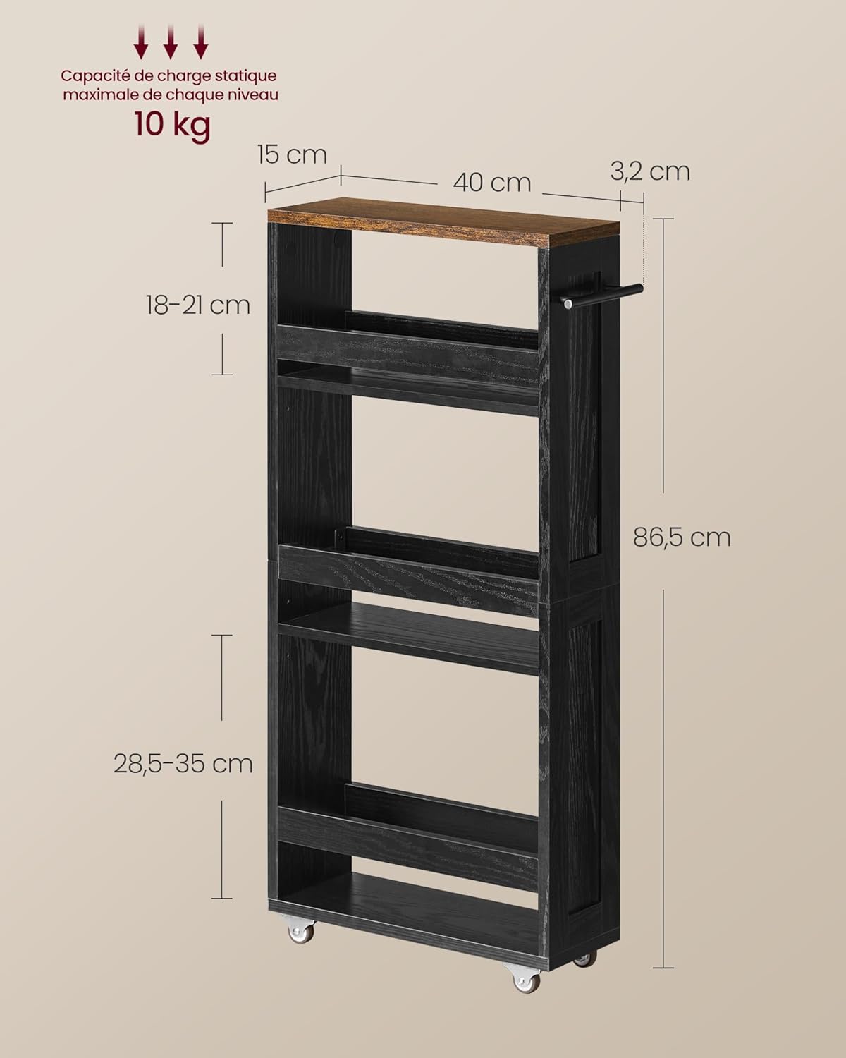 VASAGLE - chariot de rangement, 4 niveaux, 15x43,2x86,5 cm, poignée, roulettes, LRC050K02