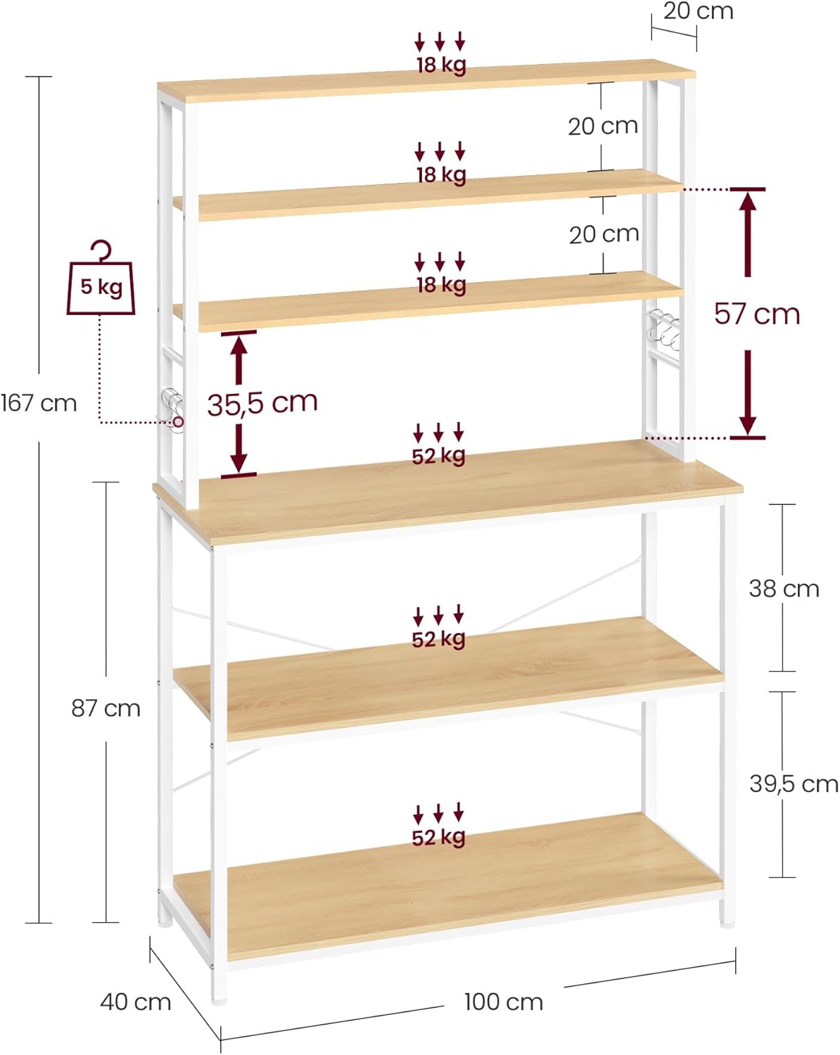 VASAGLE - étagère cuisine industrielle 100x40x167cm, 6 étagères, 6 crochets, KKS039Y09