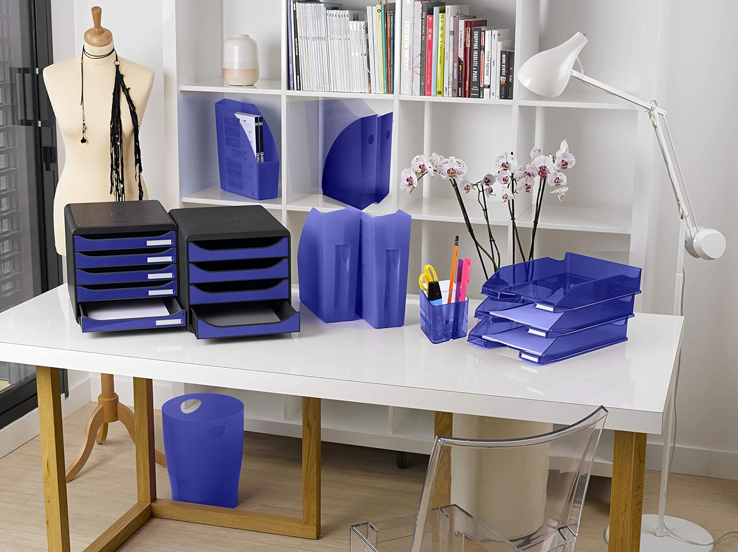 Exacompta - poubelles ECOBIN - 26,3x26,3x33,5 cm - lot de 8, 15L, poignées, bleu opaque 453104D