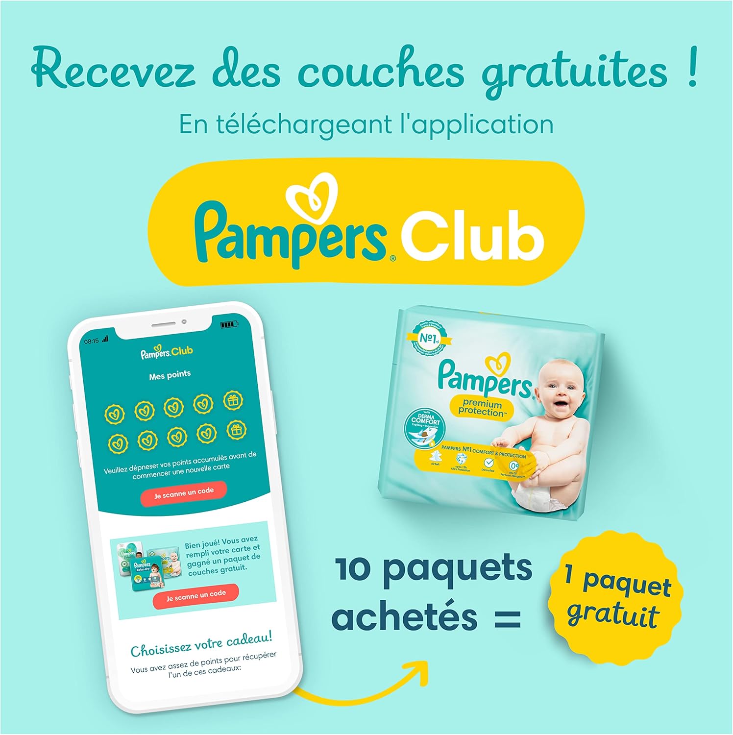 Pampers - Premium Protection Taille 4 - 9-14kg, 174 couches, double protection peau et fuites