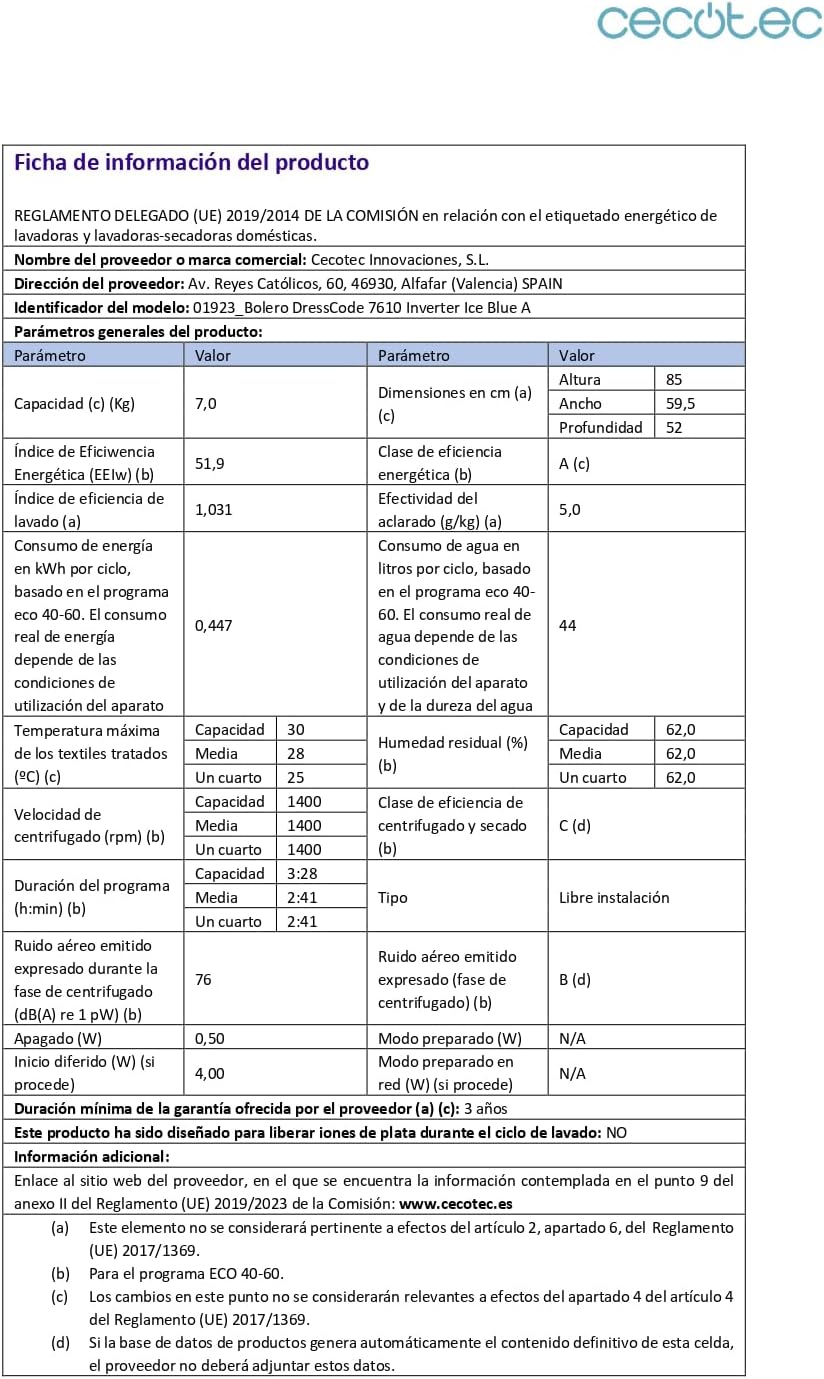 Cecotec - Bolero Dresscode 7610 - 7kg, 1400tr/min, Classe A, Vapeur - 7610