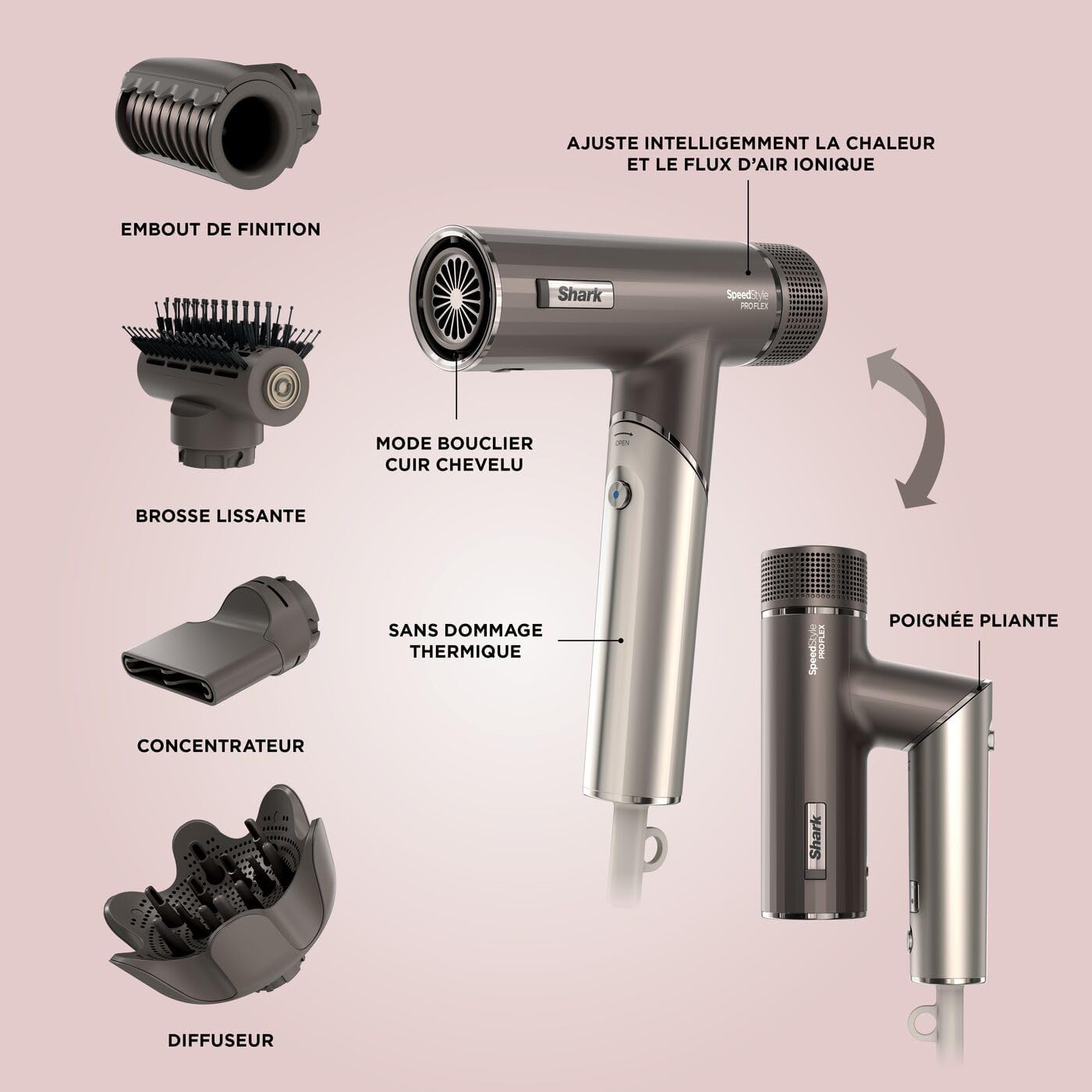 Shark - sèche-cheveux SpeedStyle Pro Flex, léger, ionique, pliable, 4 embouts, tous types de cheveux, HD542EU