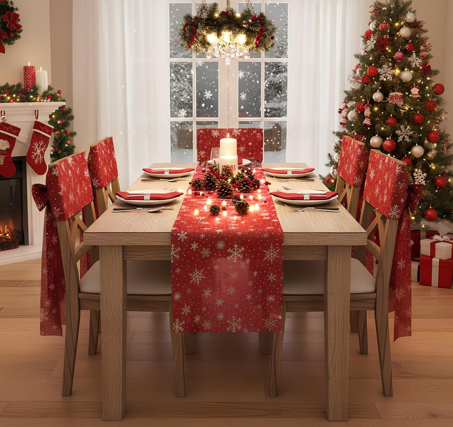 Chemin de table - rouge flocons argentés - 30m x 23cm - déco fêtes noël