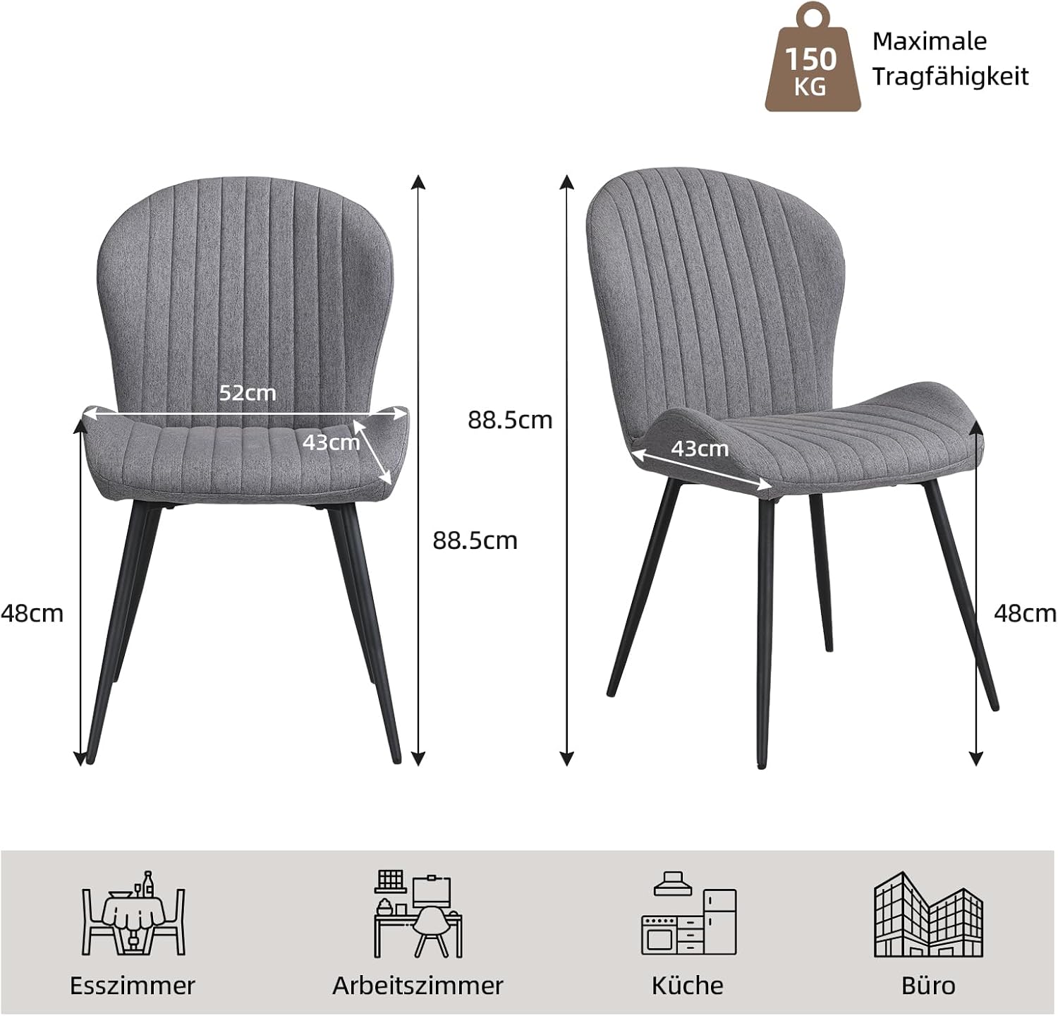 Chaises de salle à manger - lot de 2 - 60x58x83 cm - ergonomiques, accoudoirs, pieds métal, rembourrées, gris foncé