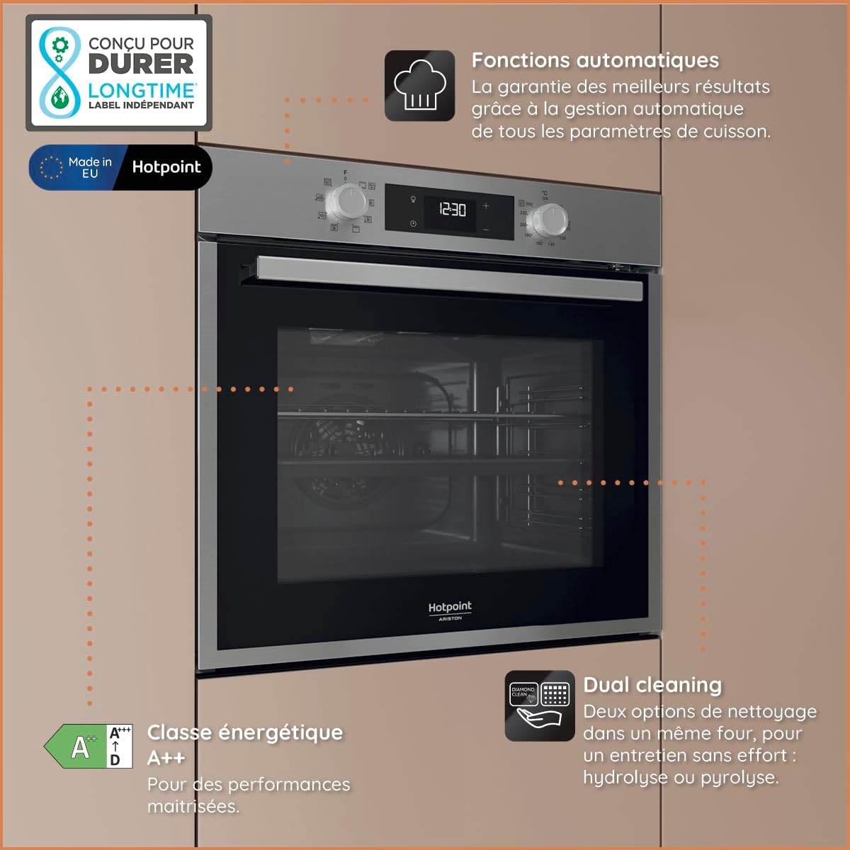 Hotpoint - four encastrable pyrolyse 71L, 7 fonctions, Dual Cleaning HAO5540PX