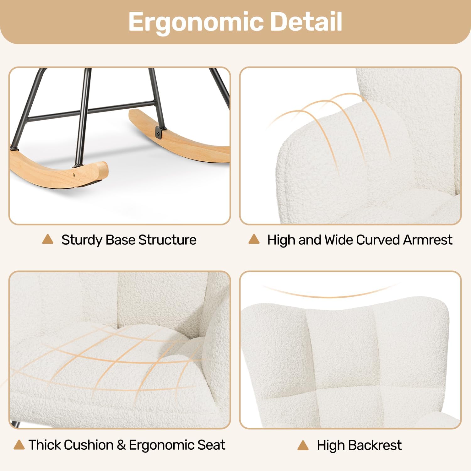 Fauteuil à bascule scandinave - velours, bois, 136kg, blanc, confort