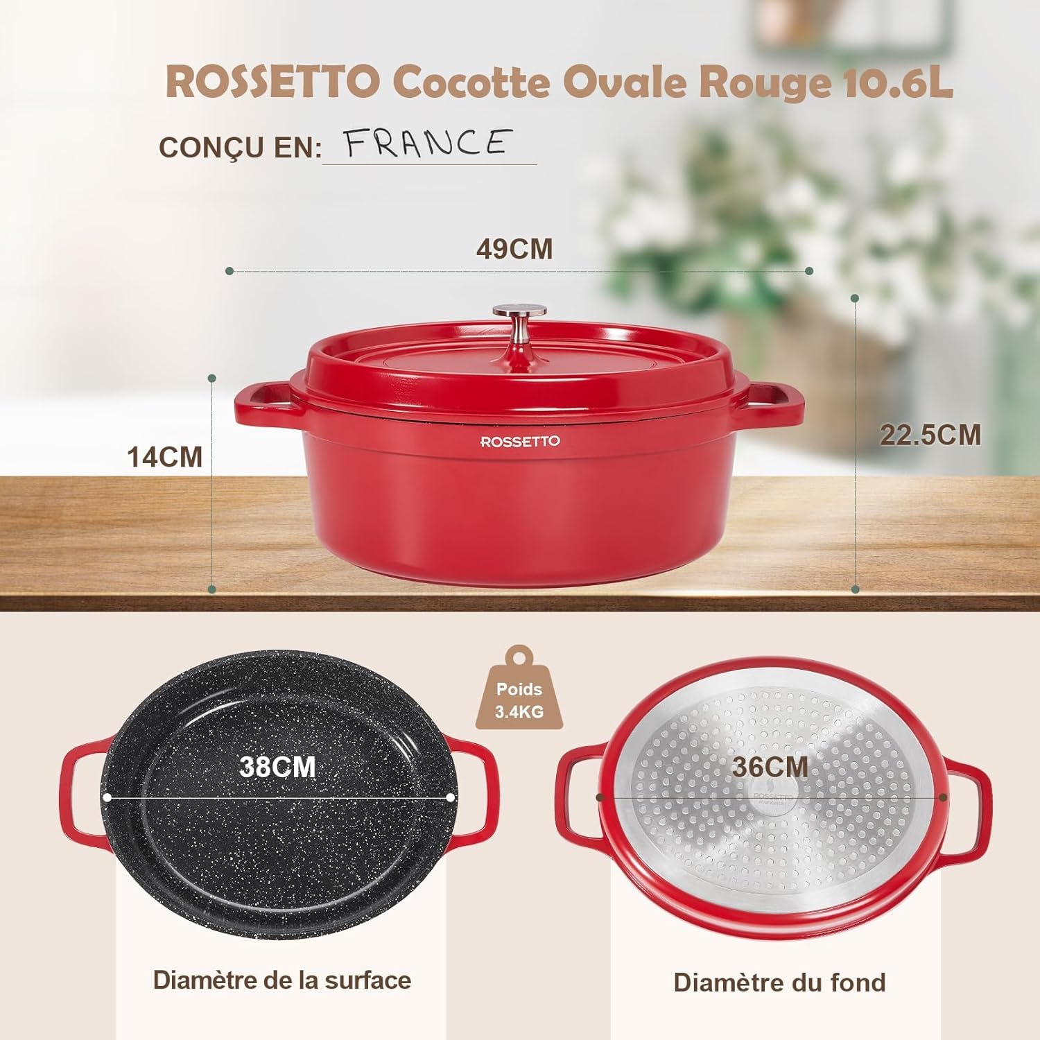 ROSSETTO - Cocotte Ovale série 10,6L - 38CM - fonte d'aluminium, céramique, induction et four, Rouge