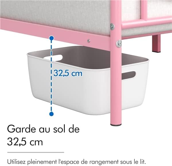 Yaheetech - lit simple métal 90x200 cm, montage facile, rose