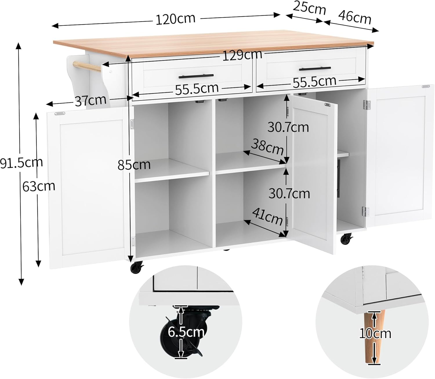 Desserte cuisine îlot - plans rabattables, 2 tiroirs, 3 portes, 129x71x91,5cm