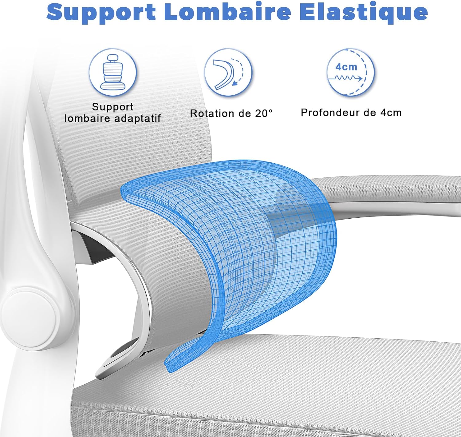 Chaise de Bureau - Ergonomique dossier réglable, appui-tête - maille respirante, support lombaire - gris