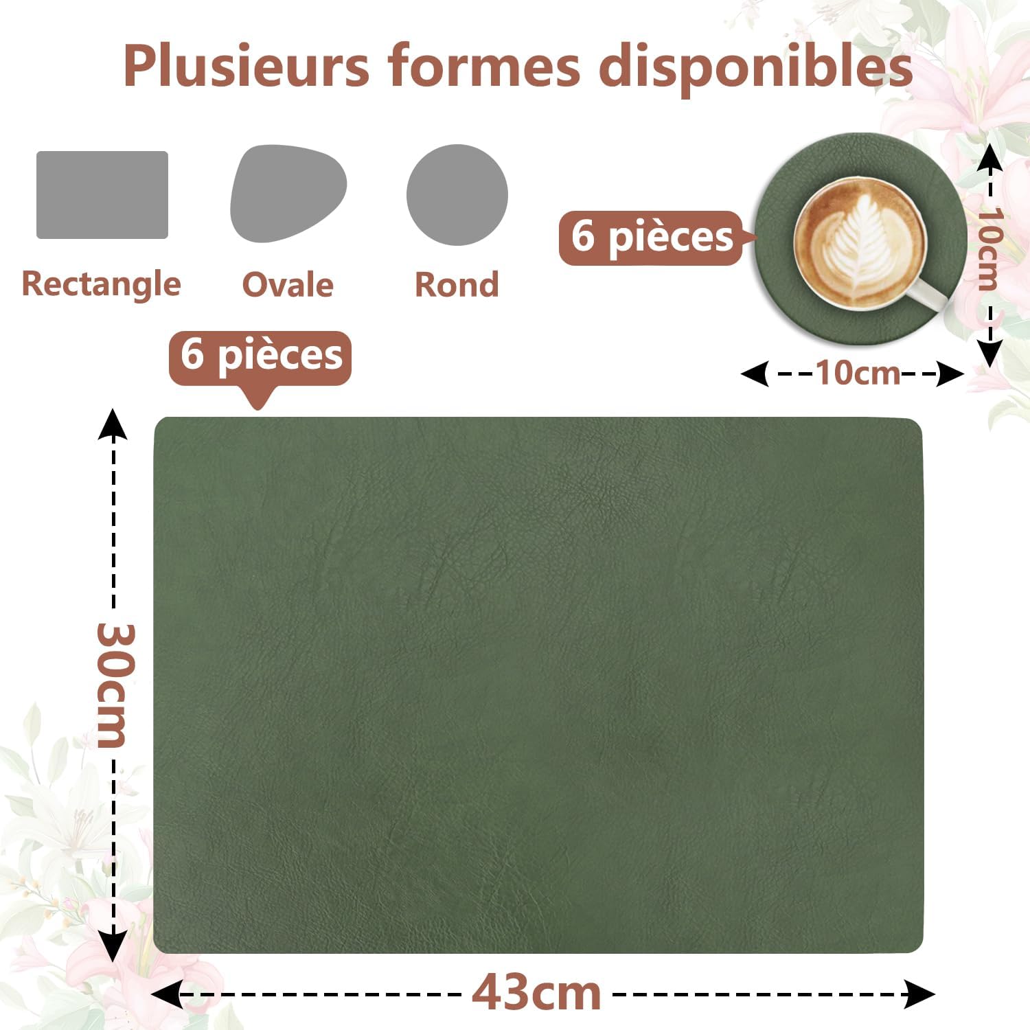 Set de table - Lot de 6, cuir PU double face, 43x30cm, lavables, antidérapants