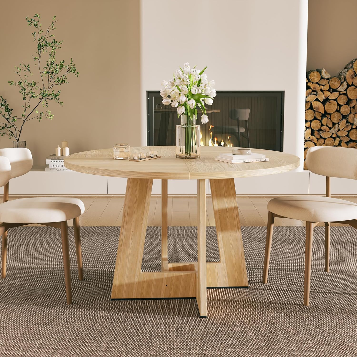 YOUDENOVA - Table rétro 120 cm, bois rond, 4-6 personnes, salle à manger