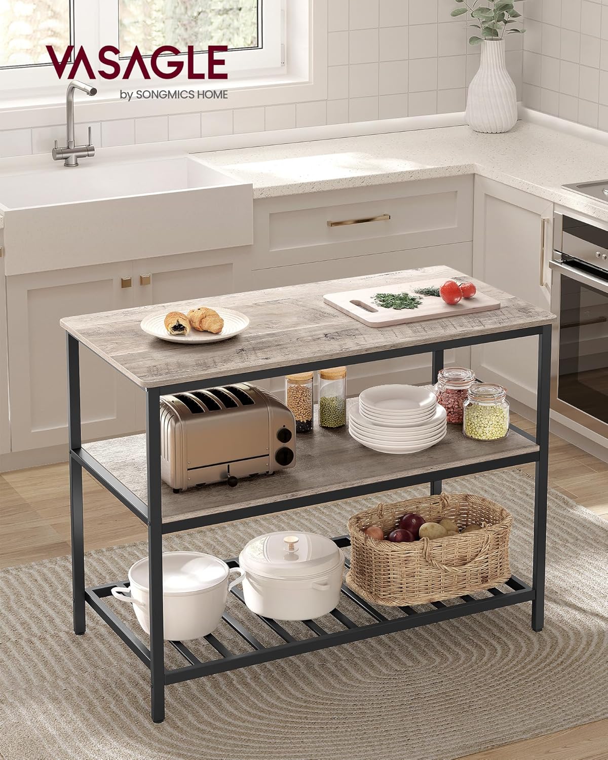 VASAGLE - îlot de cuisine industriel, 60x120x90 cm, 3 étages, KKI001B02