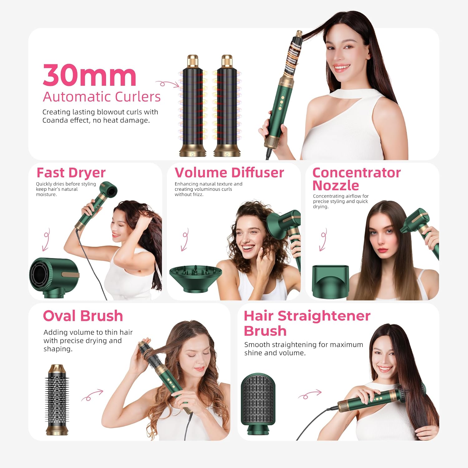 Atopskins - Air Styler 7 en 1 - 30,5 mm - 110000 U/min, sèche-cheveux, lisseur, boucleur