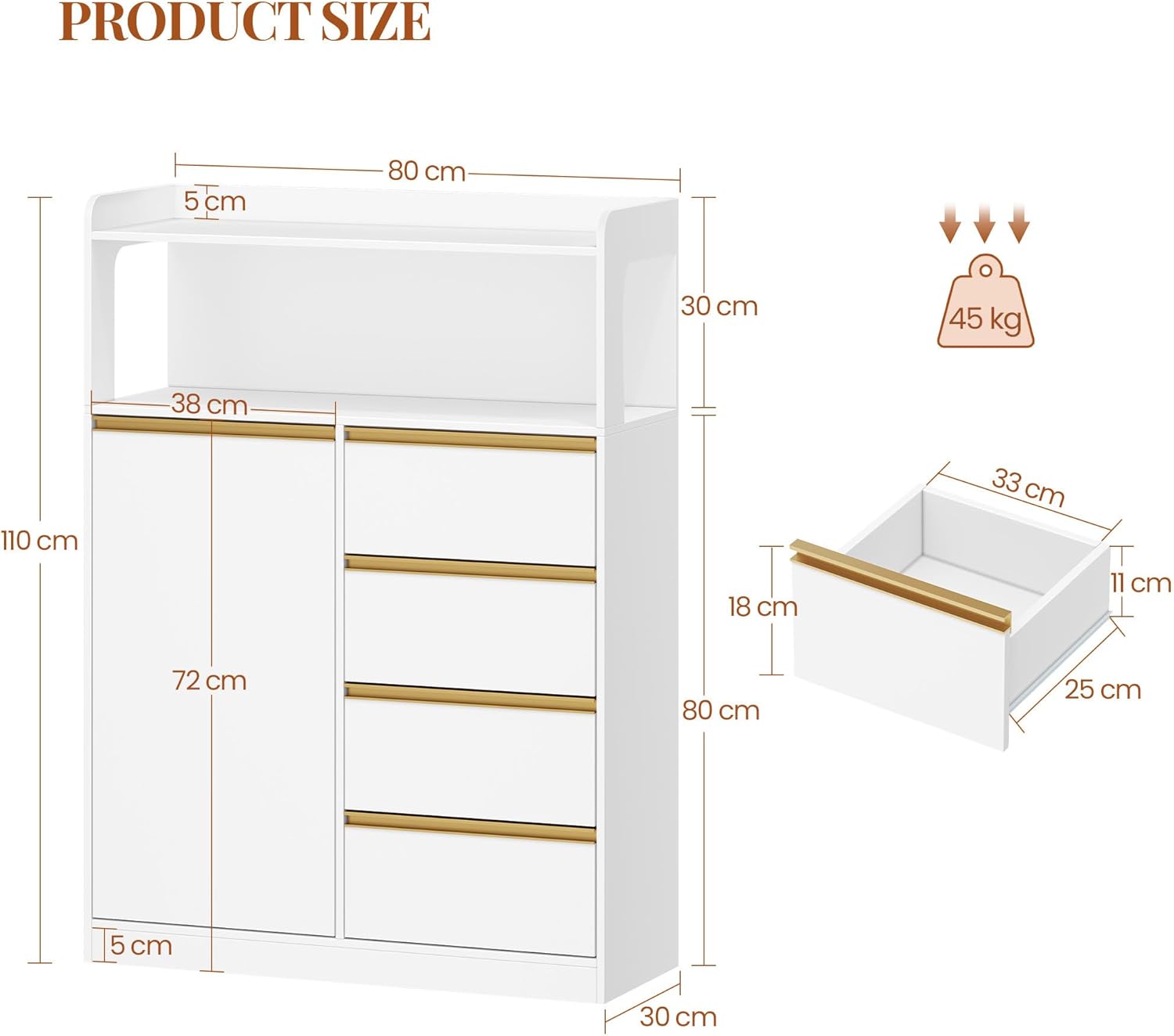 Meuble Salle de Bain - rangement 4 tiroirs, étagères réglables - 30x80x110 cm