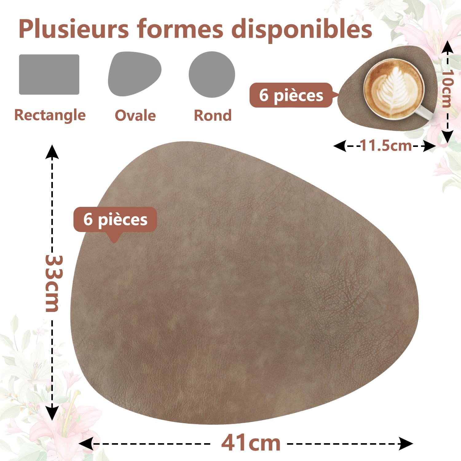 Set de table - cuir PU double face, lavable, antidérapant, 41x33cm, lot de 6