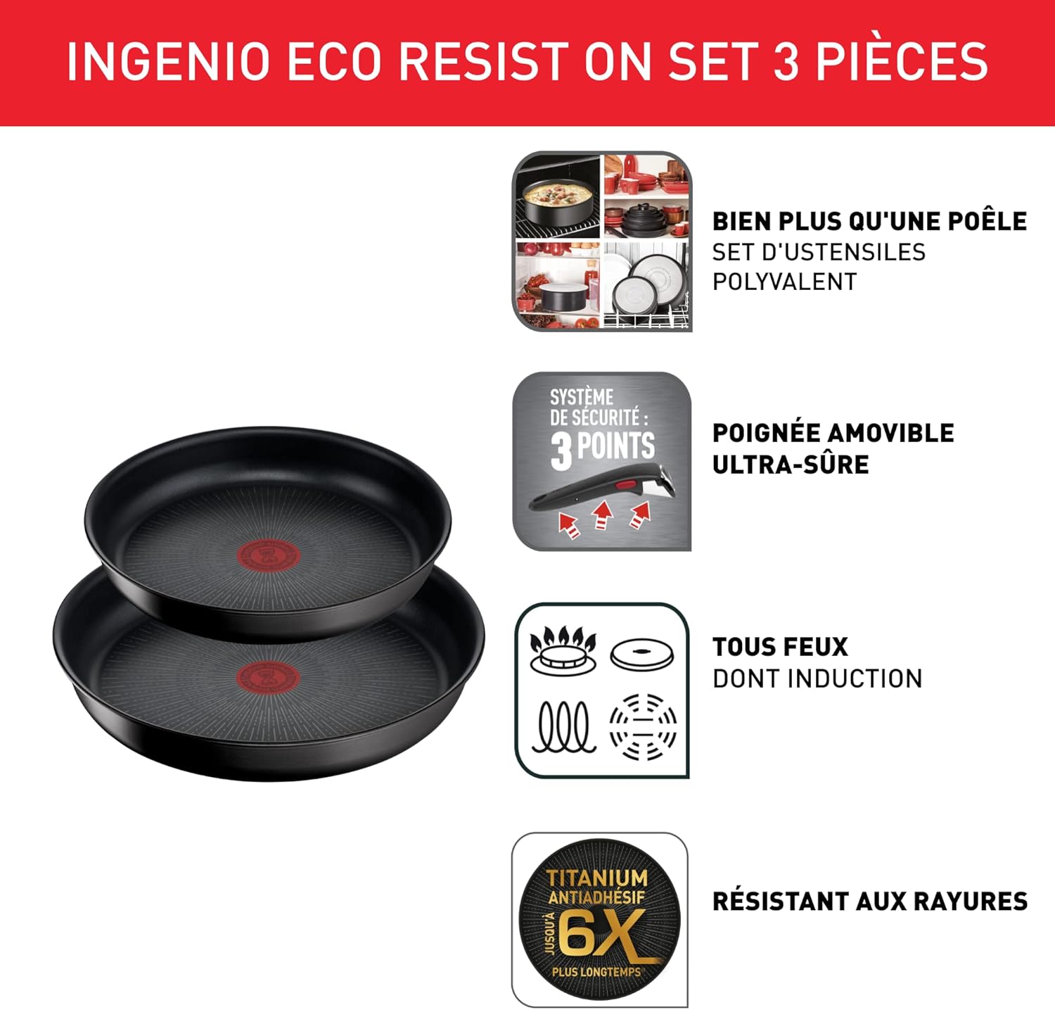 Tefal - Ingenio Eco Resist - 2 poêles, poignée amovible, induction, antiadhésif, empilable, L7679302