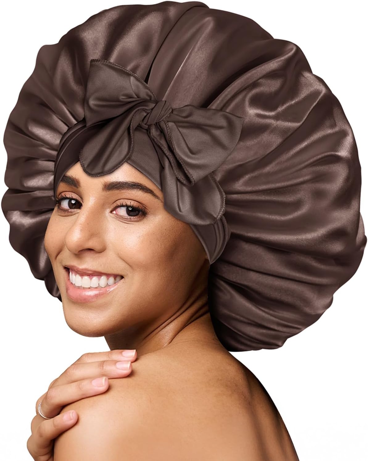 BONNET QUEEN - bonnet satin ajustable, grand, long élastique, chocolat