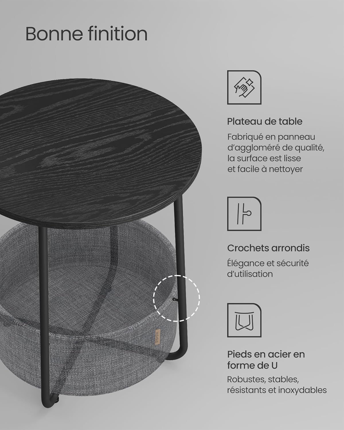 VASAGLE - table basse ronde compacte - rangement tissu intégré - LET223B01
