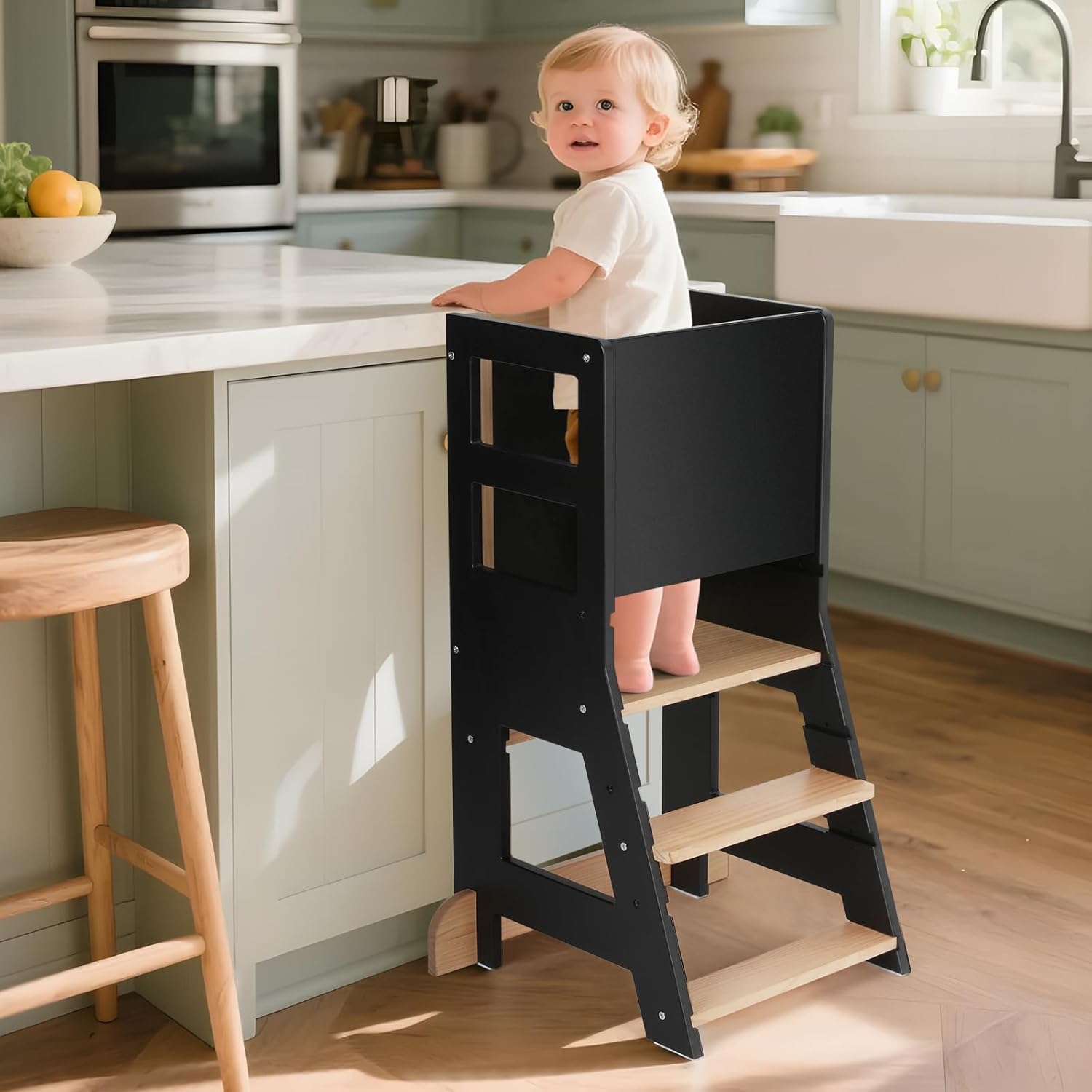 KIDINIX - Tour d'apprentissage réglable, bois/noir, anti-basculement, tableau