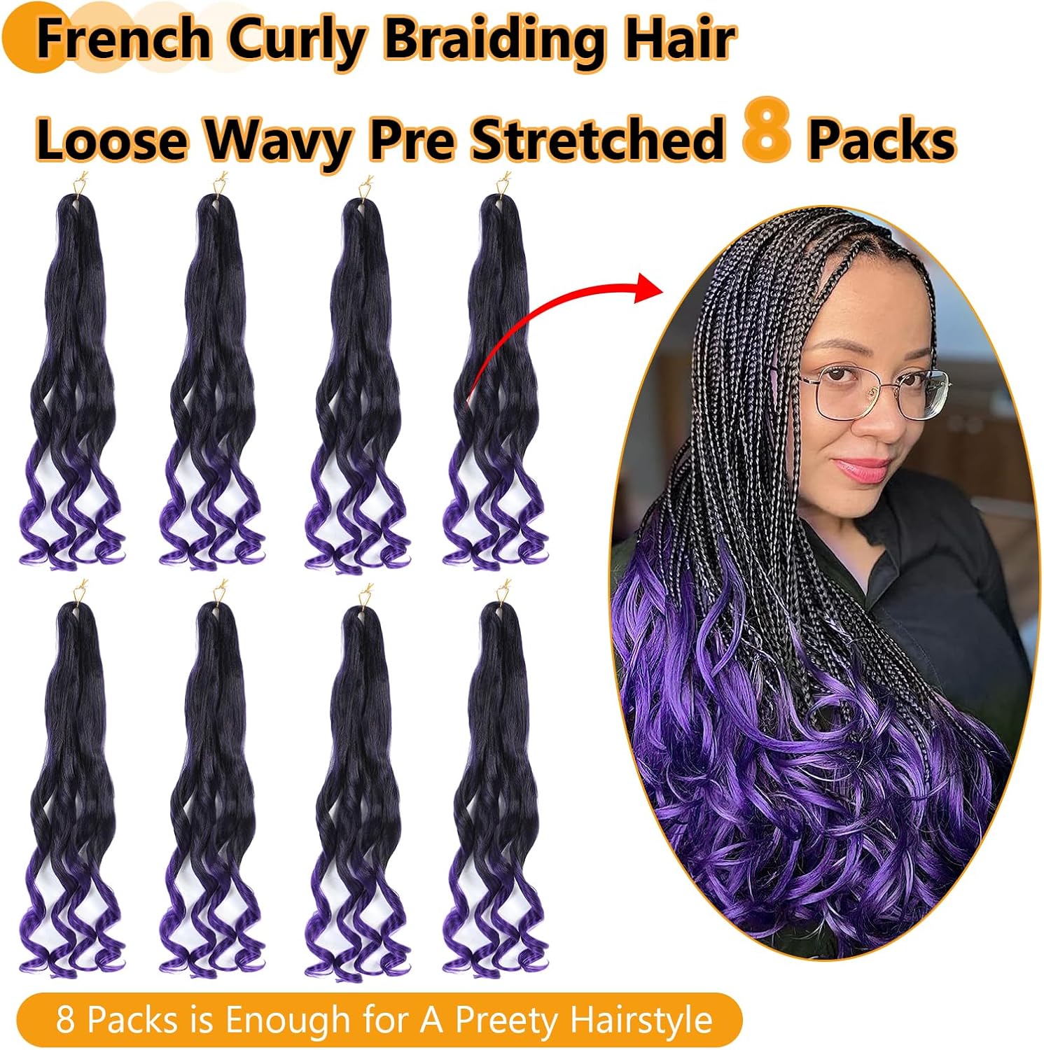 French Curl Braids - tresses afro bouclées 41cm, 8 paquets, 1B/Purple