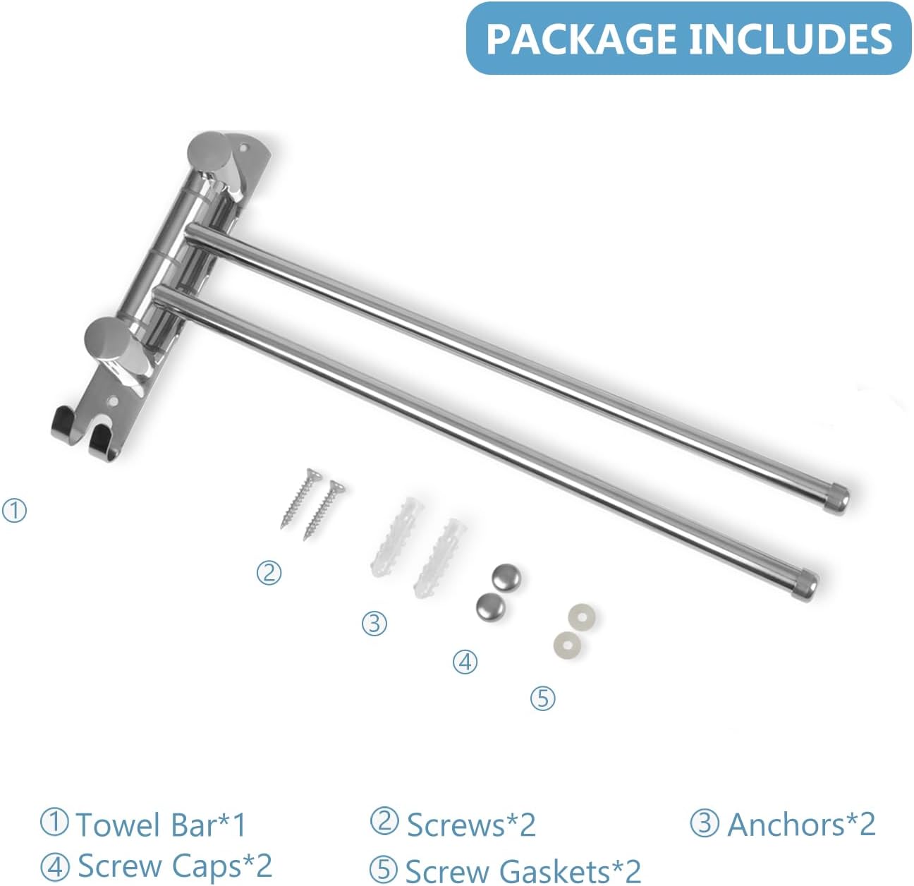 JSVER - porte-serviette mural rotatif - 40cm - inox, double barre pivotante