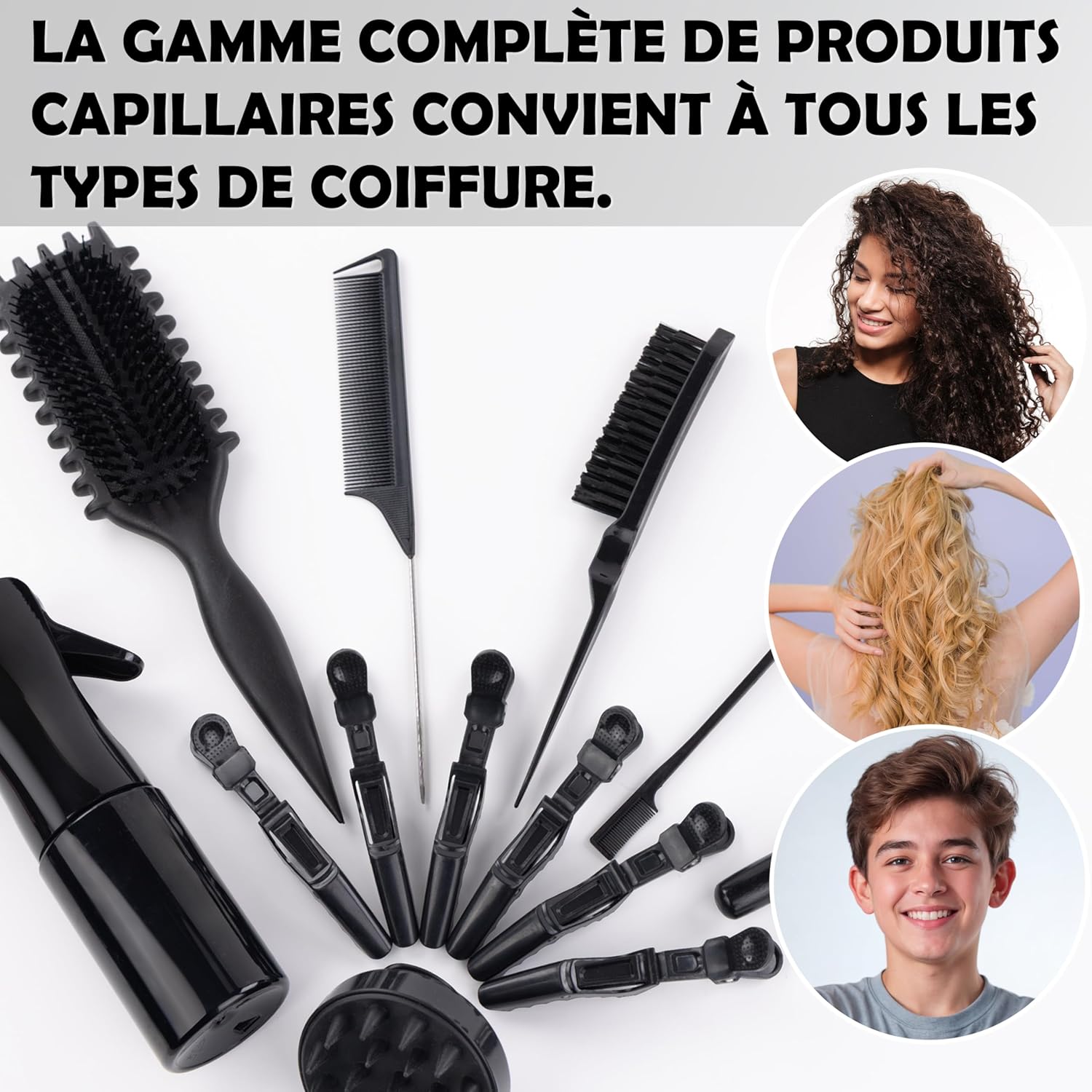 Kit Cheveux Bouclés - ensemble complet - brosse, bonnet satin, accessoires, anti-frisottis, sans chaleur