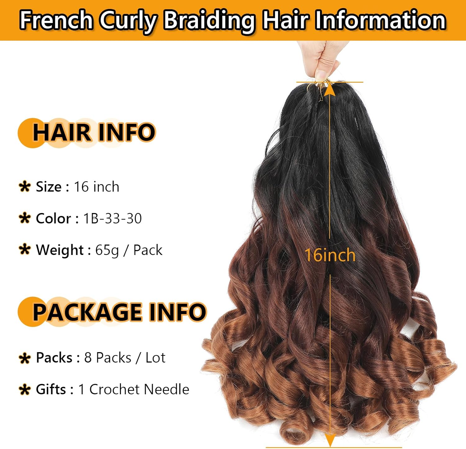 Mèches pour tresses africaines - French Curl - 16 pouces - 8 packs, cheveux ondulés bouncy, mélange 1B/33/30