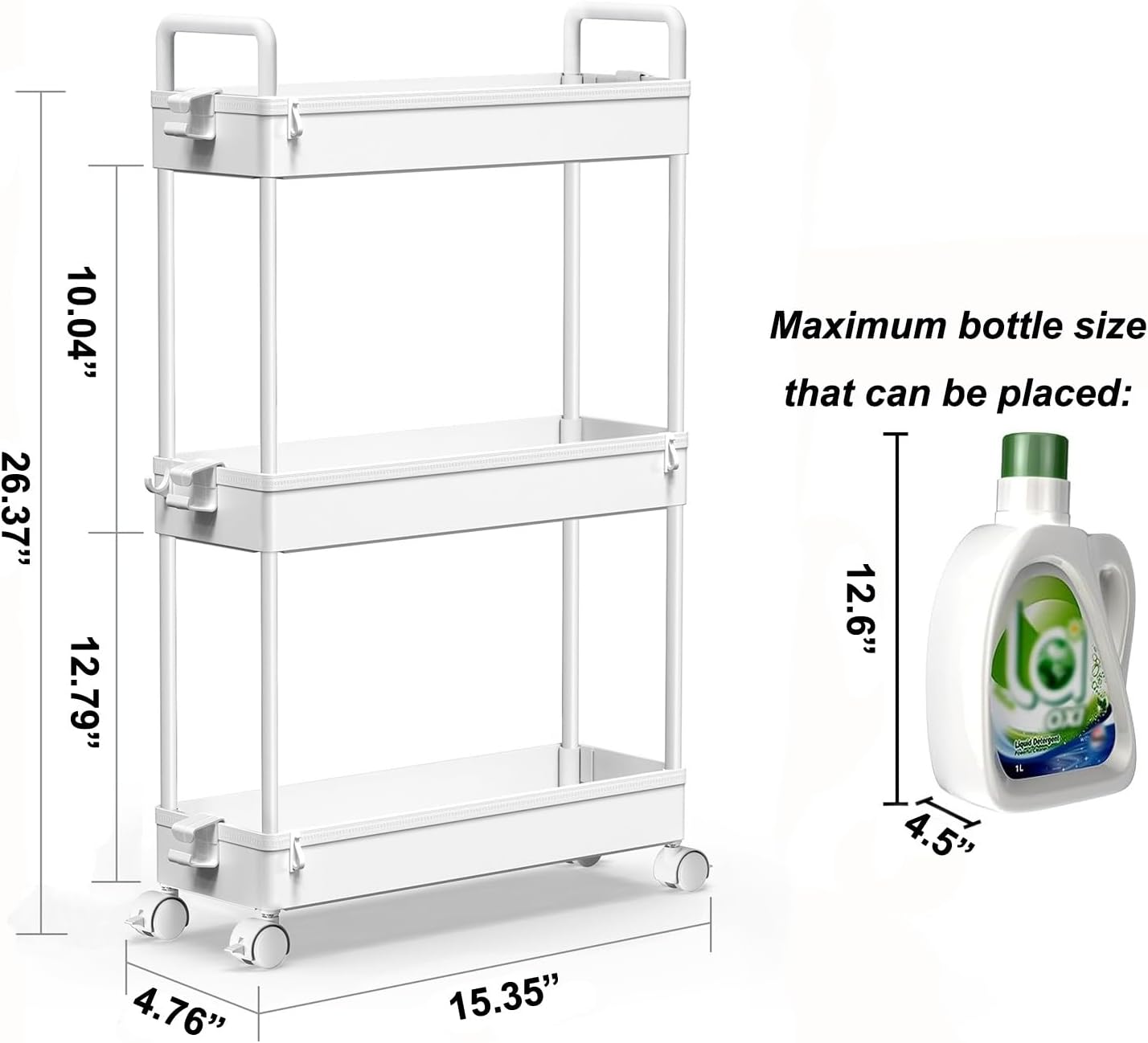 SOLEJAZZ - chariot 3 étagères, plastique, blanc, rangement étroit