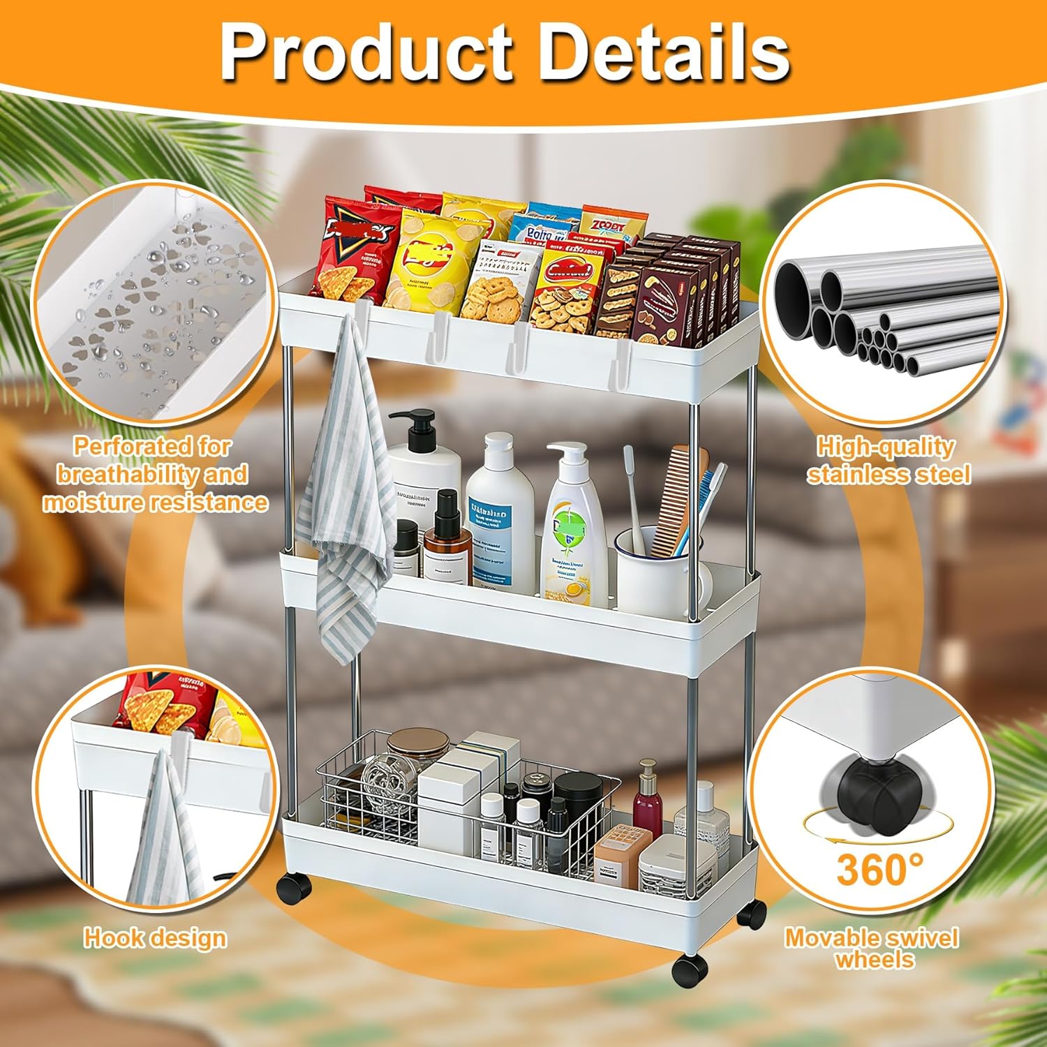 Chariot de rangement 3 niveaux, étagère mobile, blanc, compact, cuisine/salle de bain