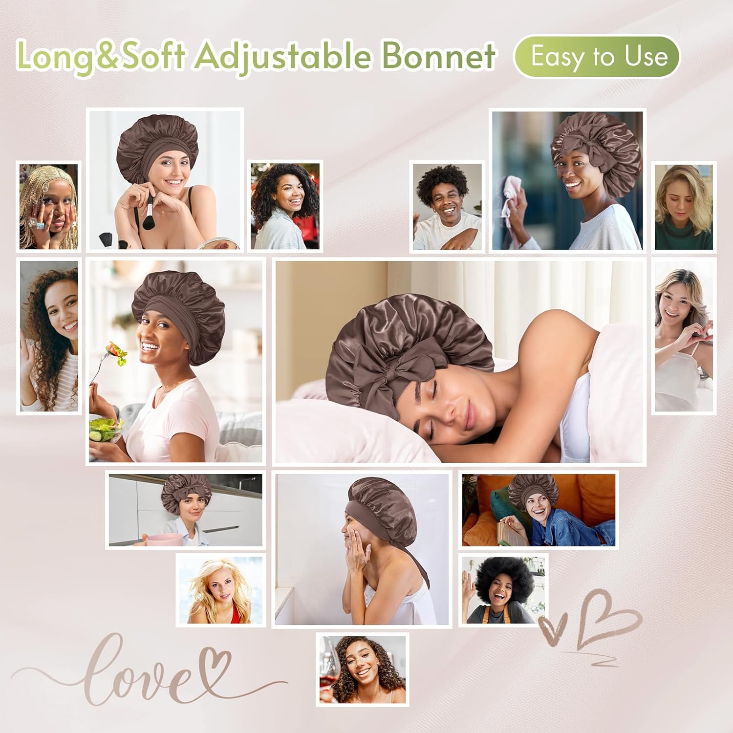 BONNET QUEEN - bonnet satin nuit ajustable, moyen, chocolat, long élastique