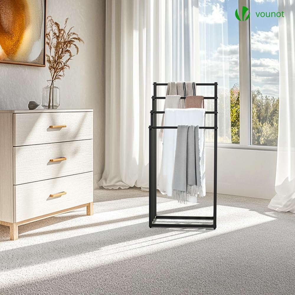 VOUNOT - porte-serviettes sur pied - 4 niveaux - métal noir stable