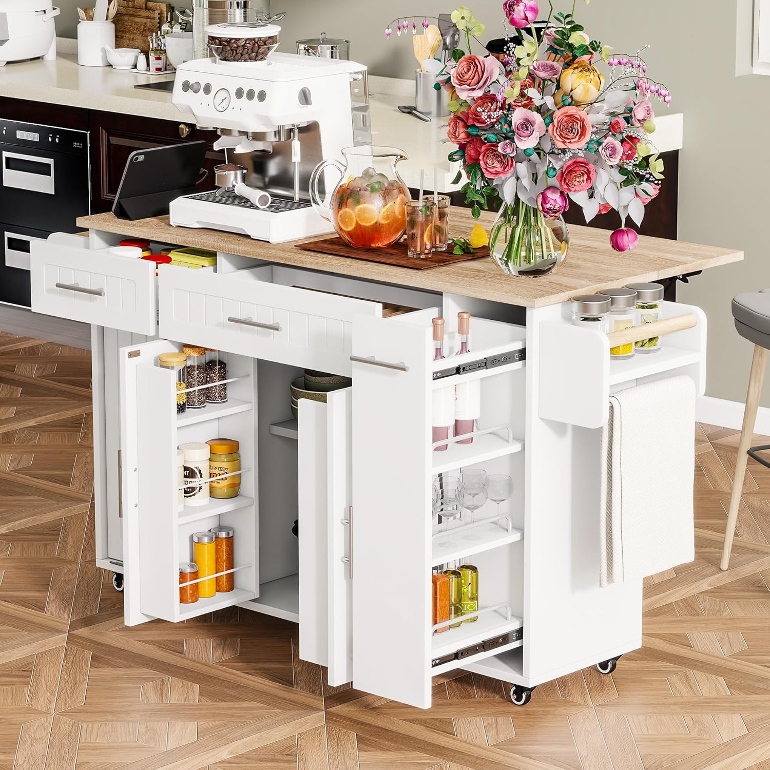 Desserte îlot cuisine - plan rabattable, USB, tiroirs, rangement, blanc