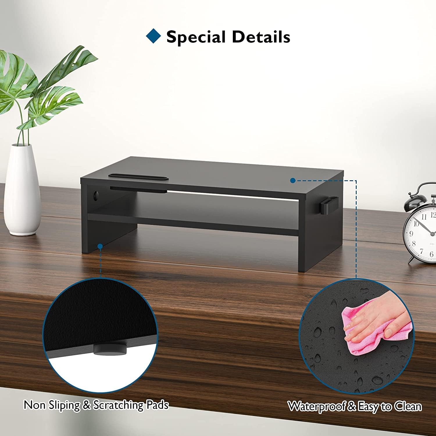 BONTEC - réhausseur écran bois noir - 420mm - 2 niveaux, support PC